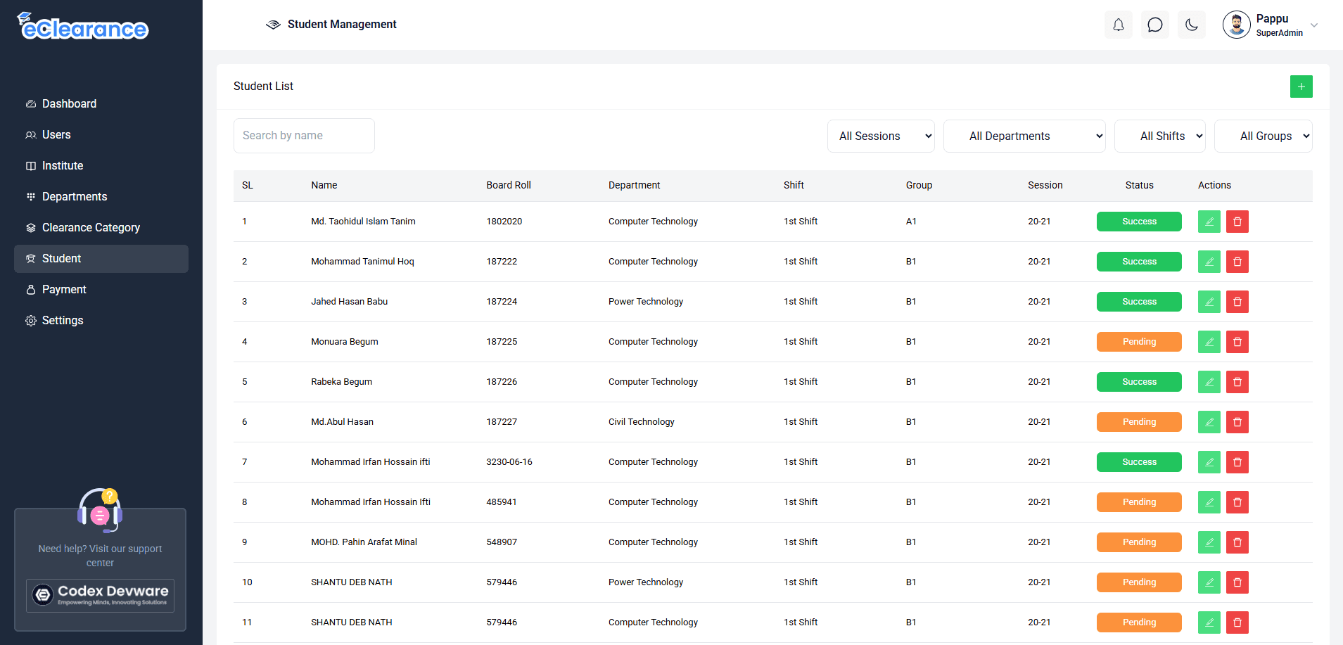 E-Clearance admin dashboard — student list